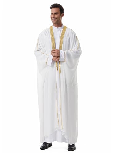 OBEEII Men Muslim Thobe Open Front Chiffon Ramadan Abaya Cardigan Dubai Saudi Embroidery Eid Islamic Clothes Prayer Kaftan - color: White, size: X-Large