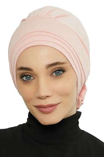 Aisha's Design Instant Turban Head Wraps for Women, Combed Cotton Scarf Lightweight Pre tied Hijab with Back Rose Detail - color: Powder