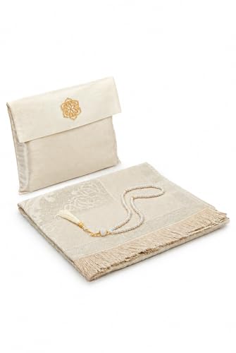 ihvan online Muslim Prayer Rug with 99 Beads Tasbih & Travel Bag, Soft Taffeta Sajadah, Lightweight & Foldable Janamaz, Portable Prayer Mat, Islamic Gift for Eid, Ramadan, Hajj & Umrah, Ecru - color: Ecru