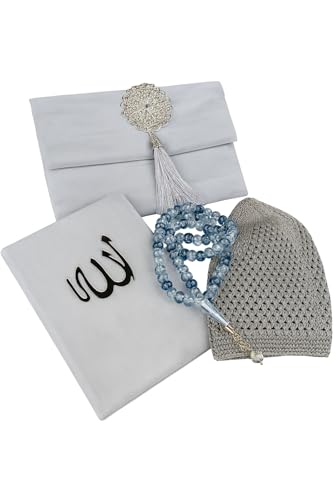 Islamic Prayer Gift Set for Men – Velvet Prayer Mat, Tasbih Beads, Yaseen Book – Muslim Prayer Essentials – Ramadan Eid Gift - color: Light Gray