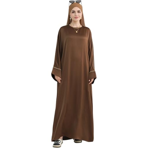 Muslim Praying Dress for Women Silk Glossy Back Zipper Robe Wear Gold Trim Modest Abaya Dress with Hijab - color: Coffee, size: X-Large