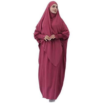 khalat Womens Muslim Prayer Dress Front Zipper Kaftan Islamic Robe Modest Solid Abayas for Women Muslim - color: Dark Red+hijab
