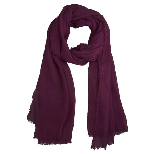 Summer Cotton Blend Crinkle Vintage Soft Scarf with Fringed Edges 35" × 70" - color: Purple