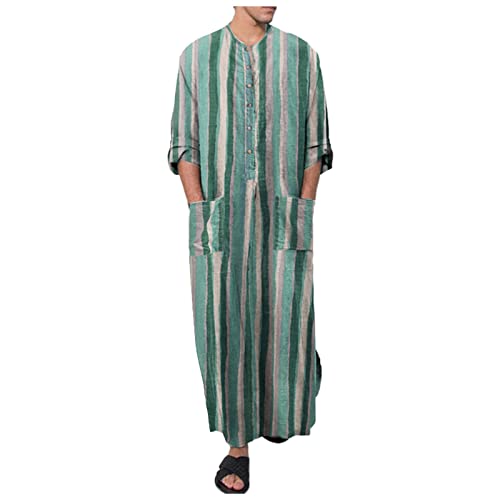 Mens Muslim Thobe Saudi Arabic Islamic Middle East Long Gown Dress Long Sleeve Crew Neck Clothing Ramadan Jubbah - color: #0a-green, size: Medium