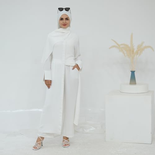 IDOPIP Muslim Women 2-Piece Set Long Sleeve Ramadan Islamic Abaya Dress Shirt with Pants Loose Fit Casual Dubai Prayer Outfit - color: White, size: X-Small-Small