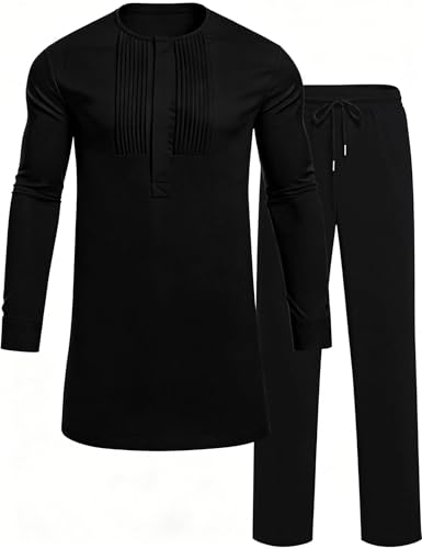 Mens African 2 Piece Set Nigerian Dashiki Traditional Suit Pleated Snap Button Shirts and Pants Outfit - color: Black, size: X-Large