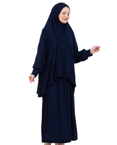 Prien Soft Prayer Dress For Women, Muslim Abaya Hijab Set, Long Turkish Cotton Praying Outfit, Islamic Clothes For Ramadan - color: Navy Blue