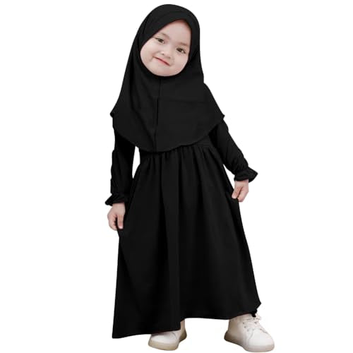 IWEMEK 2PCS Newborn Baby Girls Muslim Abaya Prayer Dress with Hijab Islamic Middle East Arab Dubai Robe Ramadan Eid Clothes - color: Black, size: 0-6 Months