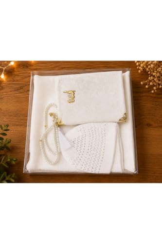 SODEF Prayer Rug Set with Rosary, Yasin-i Serif, and Takke - Spiritual Gift Set for Hajj, Umrah, Mevlid, and Religious Occasions - White - White, 28x43 inch