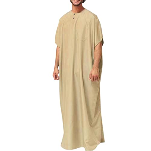 Men's Casual Top Thobe Solid Stand Muslim Robe Long Sleeve Button Loose Jubba Shirt And Pants Two Piece Set - color: Khaki-e, size: Small