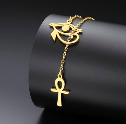 Ankh Cross Y Necklace Key of Life Eye of Horus Pendant Cartouche Long Chain Protection African Coptic Amulet Ancient Egyptian Religious Jewelry Gift for Women Men - color: Ankh Cross Eye of Horus gold