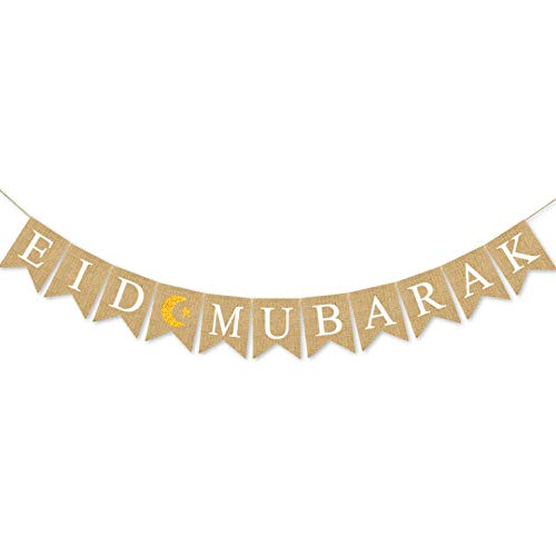 SWYOUN Burlap EID Mubarak Banner Fireplace Party Supplies Muslim Eid Mubarak Outdoor Indoor Garland Decoration