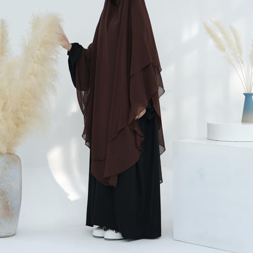 SYANKANGXIAO Ramadan Eid Khimar Abaya Turkey Islam Muslim Chiffon 2 Layers Long Hijab Dress Prayer for Women Full Cover Robe - color: Coffee