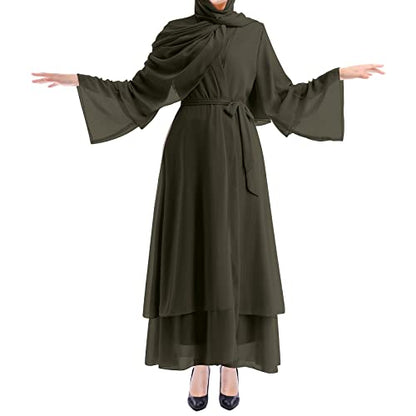 IWEMEK Women Chiffon Muslim Dress Middle East Arabian Robe Islamic Open Front Abaya Long Sleeve Flowy Maxi Cardigan Dress - color: Army Green, size: Small