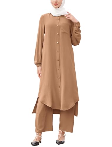 ODIZLI Women's Muslim 2 Pieces Sets Long Sleeve Button Down Shirt and Pants Abaya Casual Dress Dubai Outfits - color: Caramel, size: Small