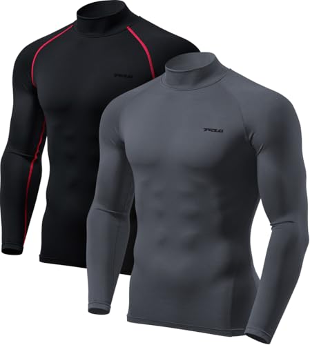 TSLA Men's Thermal Long Sleeve Compression Shirts, Mock/Turtleneck Winter Sports Running Base Layer Top - color: 2pack Black, Red/Charcoal, size: X-Large