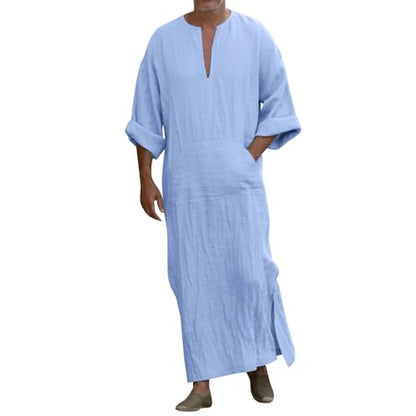Mens Muslim Robes Solid Cotton Kaftan Thobe V Neck Casual Shirt Long Sleeve Islamic Caftans with Pocket - color: Light Blue, size: 3X-Large