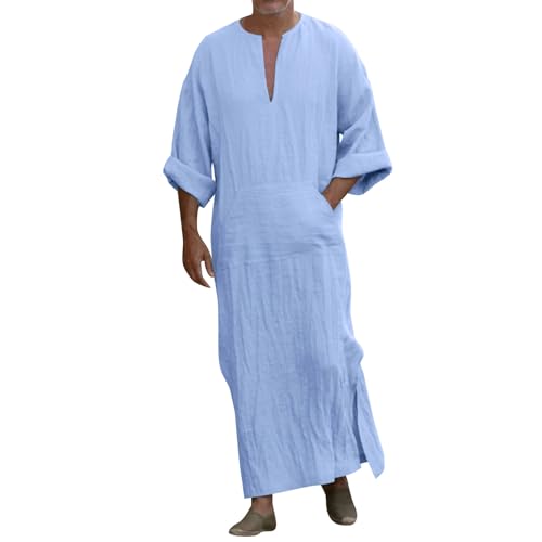 Mens Muslim Robes Solid Cotton Kaftan Thobe V Neck Casual Shirt Long Sleeve Islamic Caftans with Pocket - color: Light Blue, size: 5X-Large