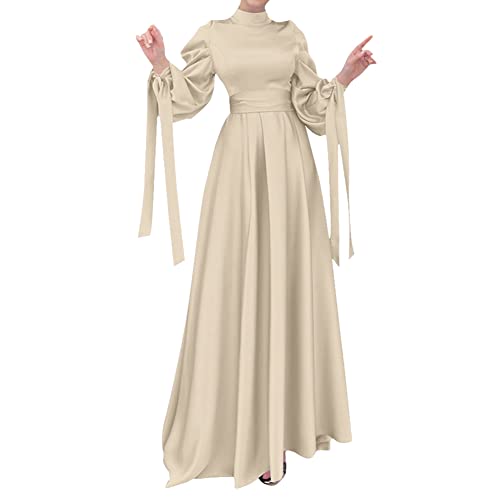 OBEEII Muslim Dress for Women Loose Full Cover Long Abaya Satin Dress Kaftan Abayas Islamic Robe S-XXL - color: Beige, size: Small