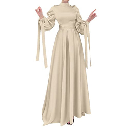 OBEEII Muslim Dress for Women Loose Full Cover Long Abaya Satin Dress Kaftan Abayas Islamic Robe S-XXL - color: Beige, size: X-Large