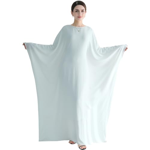 Muslim Abaya Dress Women Middle East Arabian Prayer Robe Batwing Maxi Kaftan Abaya Dress with Hijab - color: White