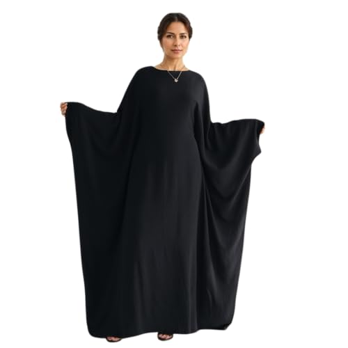 Abaya Dress for Women Soft Crepe Like Linen Khimar Butterfly Batwing Dubai Islam Muslim Kaftan Modest Prayer Dress - color: Black, size: Medium