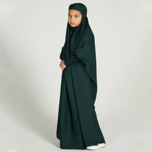 ODIZLI Muslim One Piece Prayer Hijab Dress Women Hooded Abaya Full Cover Islam Dubai Modest Robe - color: Dark Green Kids, size: 6-7 Years