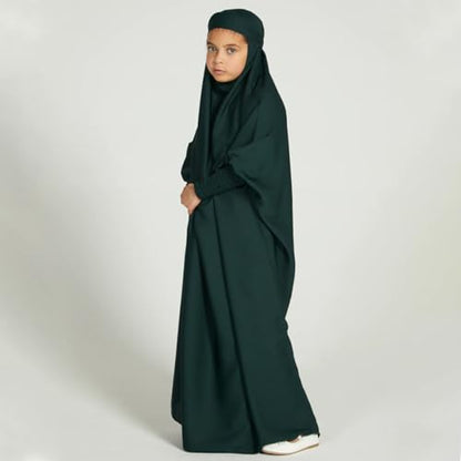 ODIZLI Muslim One Piece Prayer Hijab Dress Women Hooded Abaya Full Cover Islam Dubai Modest Robe - color: Dark Green Kids, size: 6-7 Years