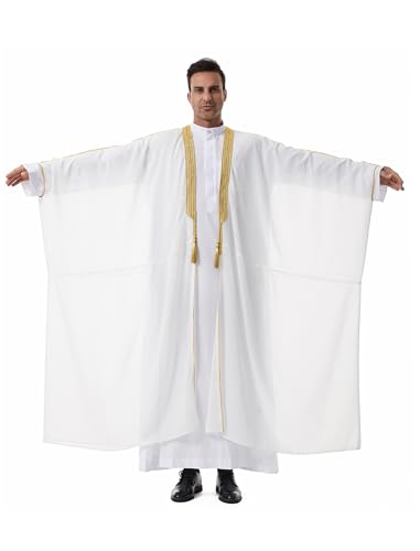 OBEEII Men Muslim Thobe Open Front Chiffon Ramadan Abaya Cardigan Dubai Saudi Embroidery Eid Islamic Clothes Prayer Kaftan - color: White, size: Large