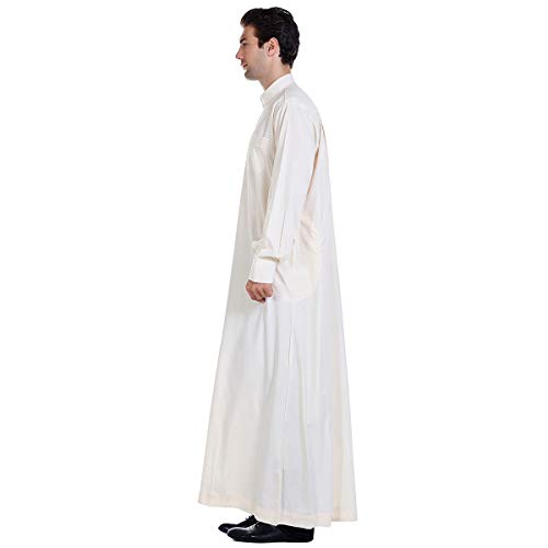 Men Arabic Long Sleeve Pure Color Thobe Crew Stand Collar Kaftan Robe with Button - color: Beige, size: Large