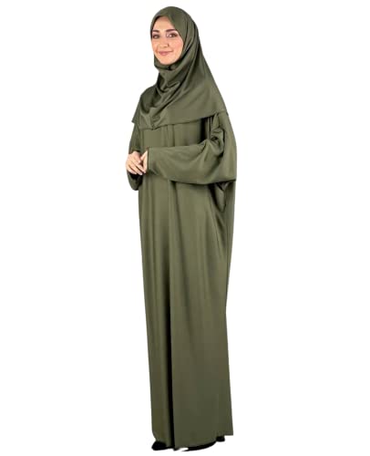 Women Prayer Clothes with Hijab Muslim Outfits Long Robe Abaya Turkish Islamic Dresses Dubai Kaftan with Rosary - color: Khaki