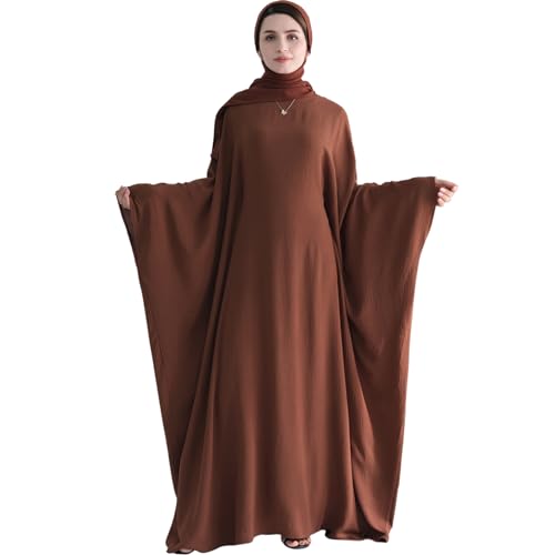 Muslim Abaya Dress Women Middle East Arabian Prayer Robe Batwing Maxi Kaftan Abaya Dress with Hijab - color: Coffee