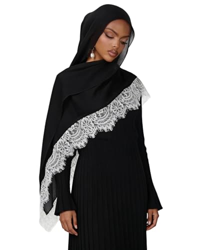 JUMISEE Elegant Floral Lace Hijab Scarf for Women Soft Cotton Head Wrap Instant Hijab Long Scarves Evening Dress Shawl - color: Black With White Lace Trim