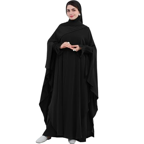 2PCS Women's Muslim Abaya Dress Lace Cuffs Islamic Dubai Prayer Robe Smooth Flowy Muslim Women Clothes - color: Black, size: Large