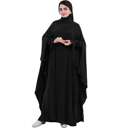 2PCS Women's Muslim Abaya Dress Lace Cuffs Islamic Dubai Prayer Robe Smooth Flowy Muslim Women Clothes - color: Black, size: Medium