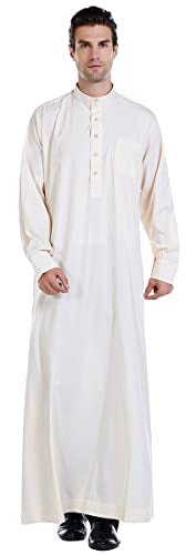 New Solid Color Robe Kaftan for Men, Thobe Long Gown Saudi Arabia Dubai Muslim Clothes Stand Collar Shirt - color: Beige, size: Small