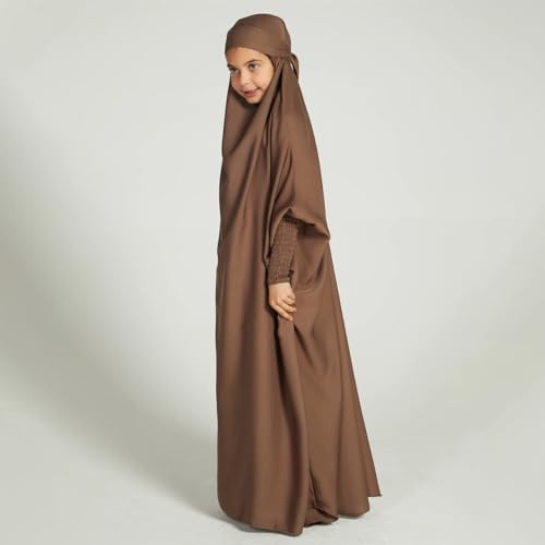 ODIZLI Muslim One Piece Prayer Hijab Dress Women Hooded Abaya Full Cover Islam Dubai Modest Robe - color: Coffee Kids, size: 6-7 Years