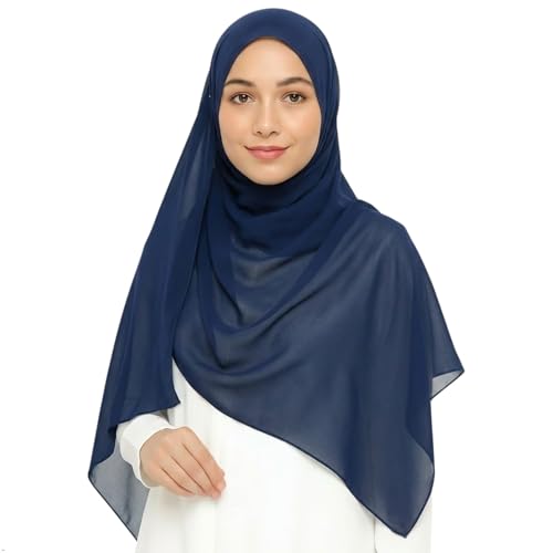 Women's Magnetic Hijab with Stitched Undercap - No Pin Chiffon Prayer Scarf - color: Dark Blue