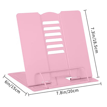 MSDADA Desk Book Stand Metal Reading Rest Book Holder Adjustable Cookbook Documents Holder Portable Sturdy Bookstands for Recipes Textbooks Tablet Music Books with Page Clips (Light Pink) - color: Light Pink