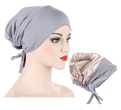 ® Soft Satin Turban Hat Inner Hijab Caps Underscarf Bonnet Hat Headwear for Cancer&Sleep - color: Beige Light Grey Olive Green