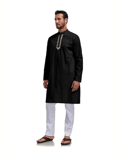 Jacansi Men's Cotton Linen Kaftan Thobe, Button Henley Long Sleeve Muslim Dress Robe - color: Black, size: XX-Large