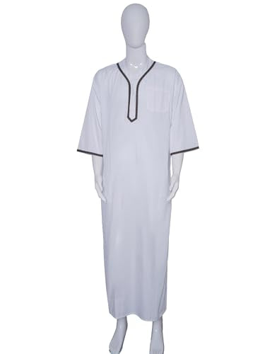 Mens Kaftan Thobe V-Neck Half Sleeve Muslim Robe Dubai Long Gown Saudi Arab Thobe Robes for Summer Beach - color: White, size: Medium