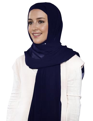 Lina & Lily Premium Chiffon Ninja Instant Hijab Scarf Stitched Jersey Cap Neck Cover Full Coverage - color: Navy Blue