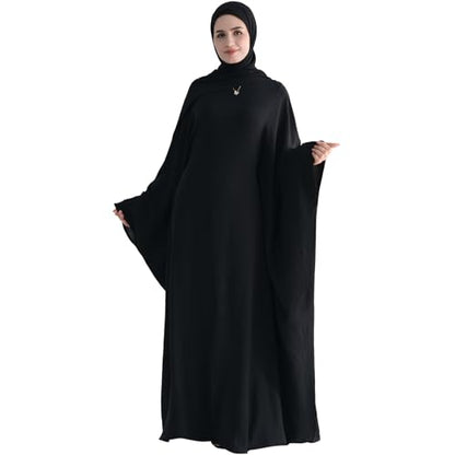 Muslim Abaya Dress Women Middle East Arabian Prayer Robe Batwing Maxi Kaftan Abaya Dress with Hijab - color: Black