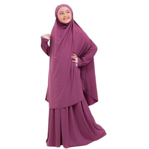 Kids Girls Muslim Islamic Two-piece Outfits Lace Long Sleeve Hijab Dress Abaya and Loose Skirt Full Cover Kaftan - color: Purple, size: 5-6 Years
