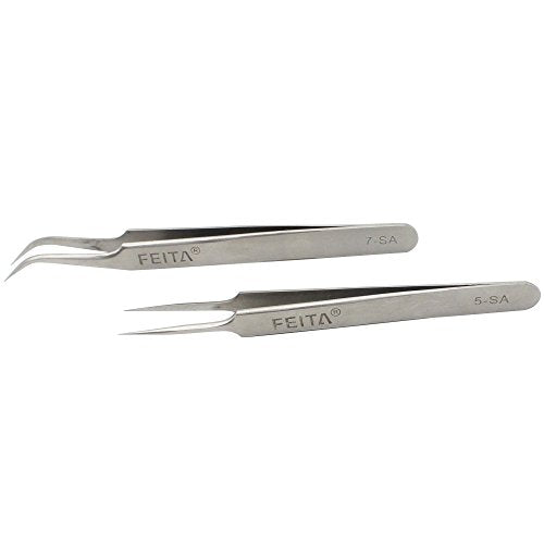 FEITA Precision Eyelash Extension Tweezers Set - Professional Straight & Curved Pointed Very Fine Tip Tweezers for Lash Extensions - Silver - 2Pcs - color: Silver Tweezers - 2pcs