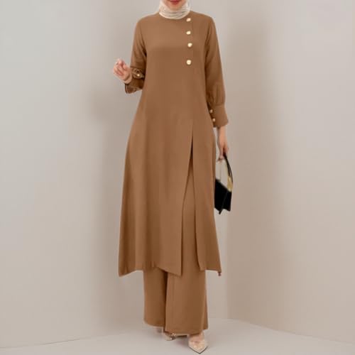 IDOPIP Abaya Dress for Women Muslim Set Long Sleeve Ramadan Islamic Dress Shirt with Pants 2PCS Dubai Prayer Casual Clothes - color: Khaki - Split, size: 3X-Large