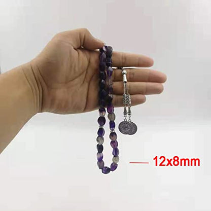 Tasbih Natural Purple Agate Stone Islamic misbaha Prayer Beads Muslim Bracelet (12x8mm x 45 Beads) - size: 12x8mm x 45 beads