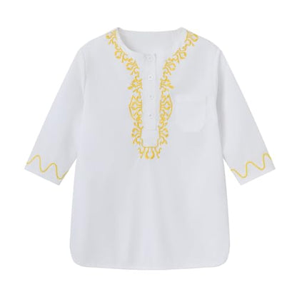 Boys Muslim Thobe Islamic Clothing Kids Muslim Prayer Clothes for Boys Eid Outfit Toddler Kaftan Ramadan Shirt Pants - color: White, size: 3-4T