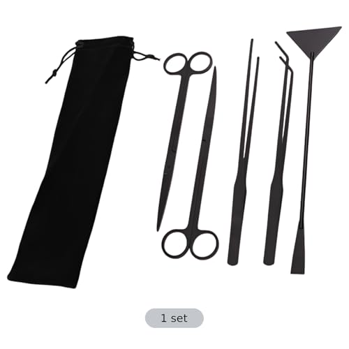 5 Pcs Aquarium Tools Kit, Black Stainless Steel Aquatic Plants Tools for Aquascaping, Flat Sand Shovel, Straight and Curved Tweezers, Scissors, Drawstring Bag Included